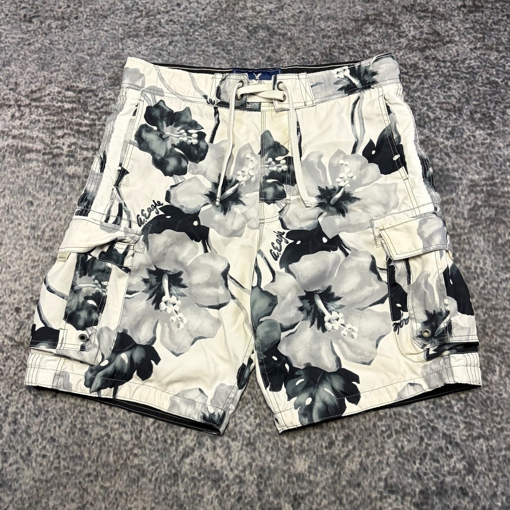 American Eagle Floral Board‎ Shorts Mens Small White Gray Flowers Surf Swim Y2K